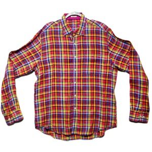 BUGATCHI UOMO Shaped Fit Mens XL Long Sleeve Linen Plaid Multi Color Button Down